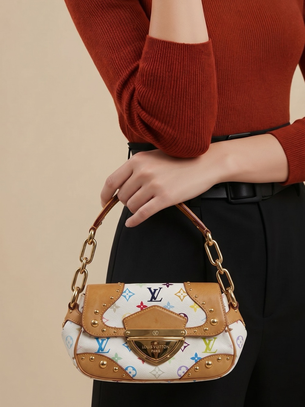 Louis Vuitton White Multicolor Monogram Canvas Shoulder Bag with Tan Trim